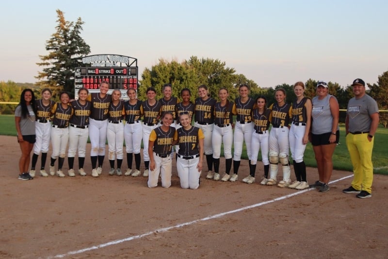 Group photo of CW softball team on field